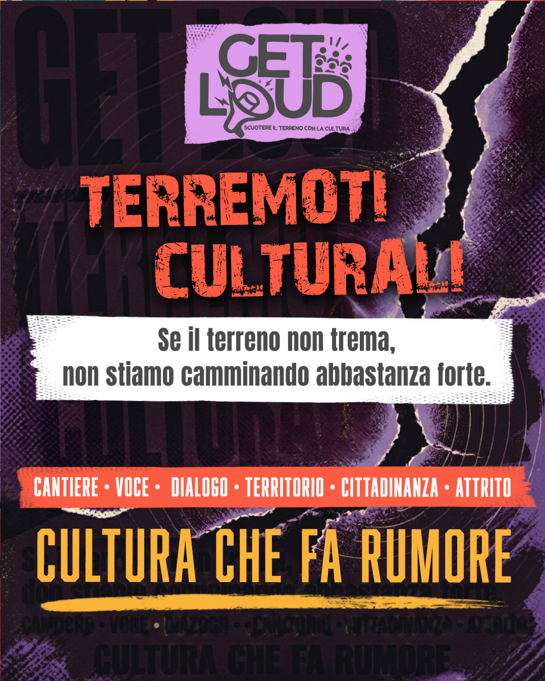 Il manifesto illustrato di Get Loud: Terremoti culturali. Cultura che fa rumore.